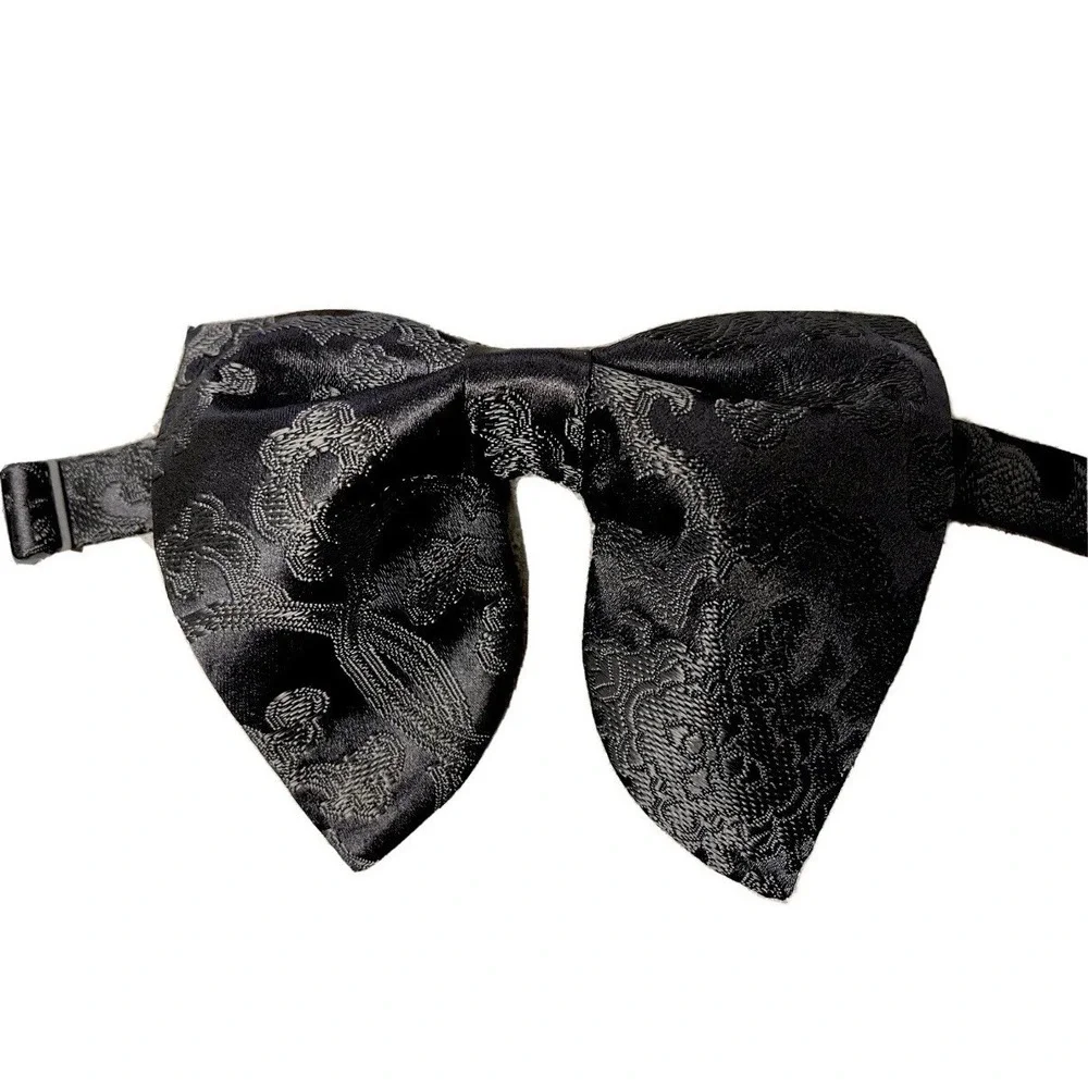 Handmade Oversized Black Brocade Bow tie Vintage style 70`s Wedding Prom